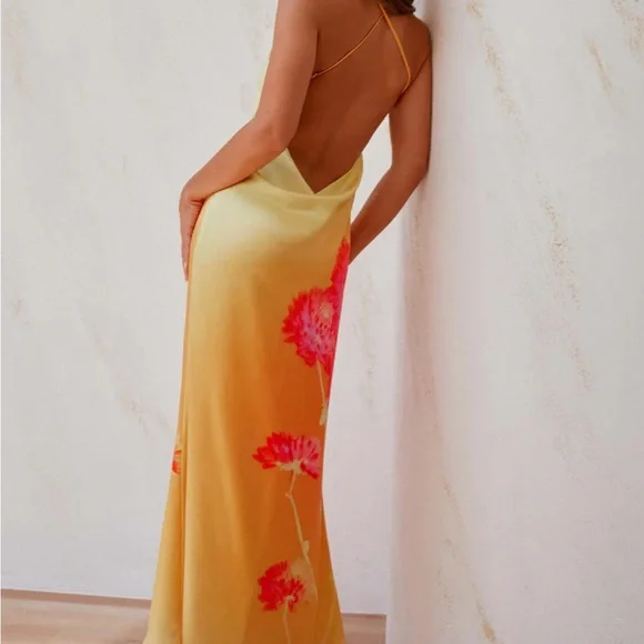 Peppermayo Yellow to Orange Gradient Floral Halter Maxi Dress with Pink Accents - Picture 2 of 2
